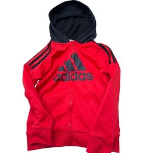 Adidas Boys Red Black Full Zip Hooded Track Jacket Logo Size 7